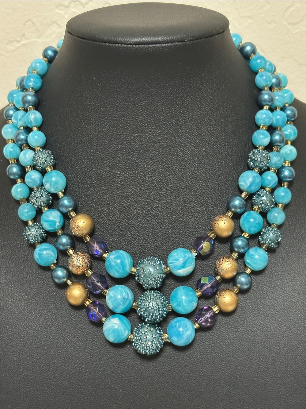 Japan Textured 3 Strand Vintage Blue Necklace